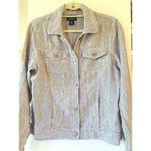 JNY Jones New York Women's 100% Linen Button Front Striped blwht Jacket Medium